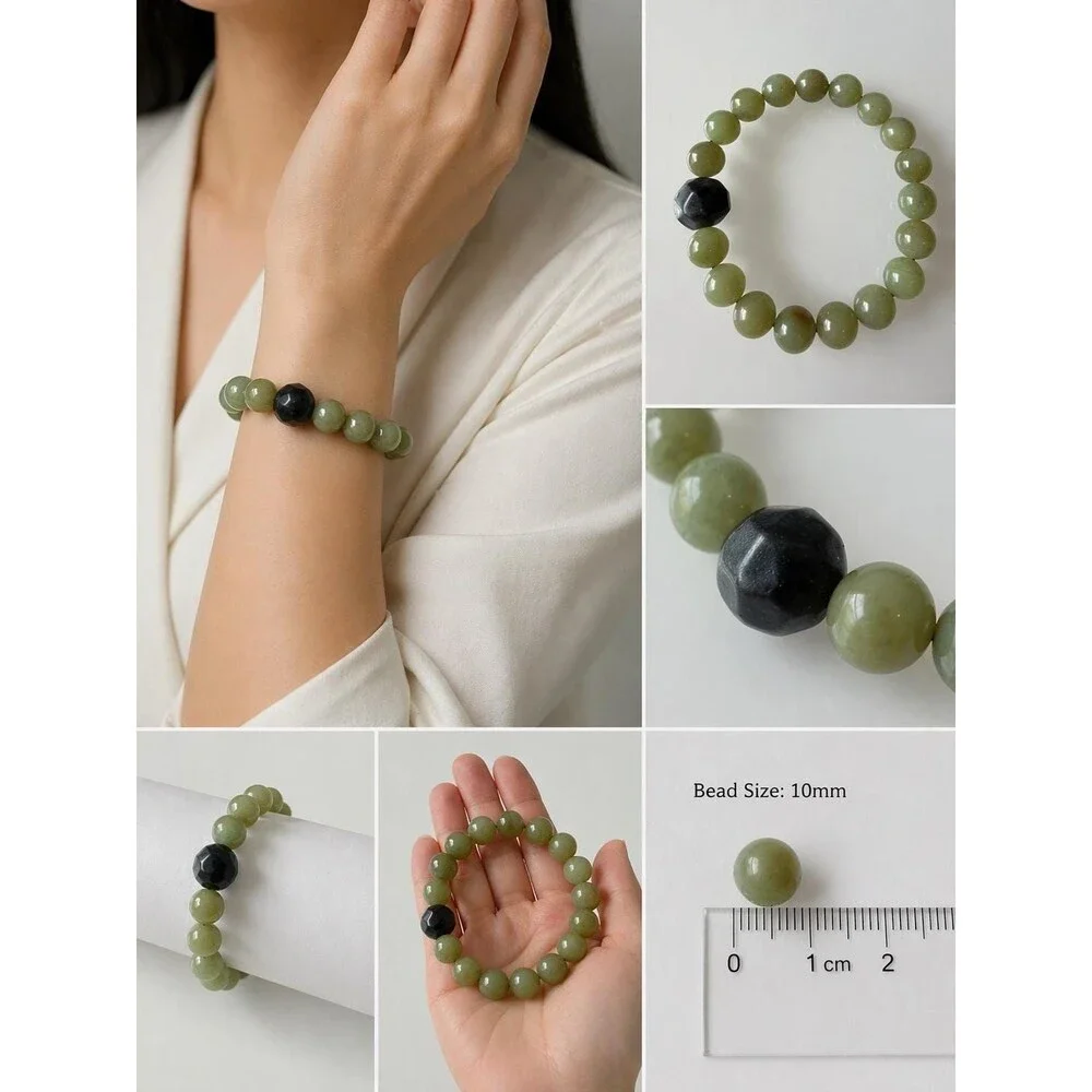 Natural icy Green Nephrite Jade Bracelet Ink Jade Accent Bead 10mm Celadon - Picture 1 of 8